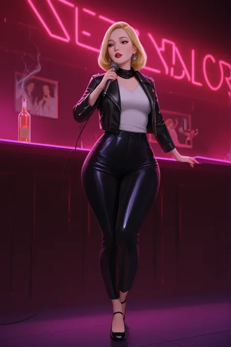 Beth Smith, mature woman, blonde hair, solo, medium hair, small saggy breasts, huge hips. earrings. red lips, black eyes | medium full shot) of (edgy pop singer) woman , wearing a leather jacket , wide-leg trousers with sleek design , ballet flats , smoky ...