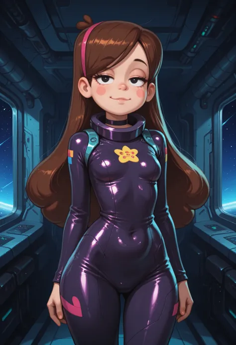 Mabel Pines, blush stickers, brown hair. black eyes. half-closed eyes, small breasts, huge hips. long eyelashes, choker. | ((best quality)), ((masterpiece)), (detailed), hyperrealistic, sci-fi, photo of a woman wearing engineeringsuit standing in a space ...