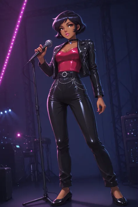 masterpiece, best quality, good quality, cartoon, totally_spies_2k24 alex, black hair, short hair, brown eyes, dark-skinned female, pink lips, medium breasts, choker. |   medium full shot) of (edgy pop singer) woman , wearing a leather jacket , wide-leg tr...