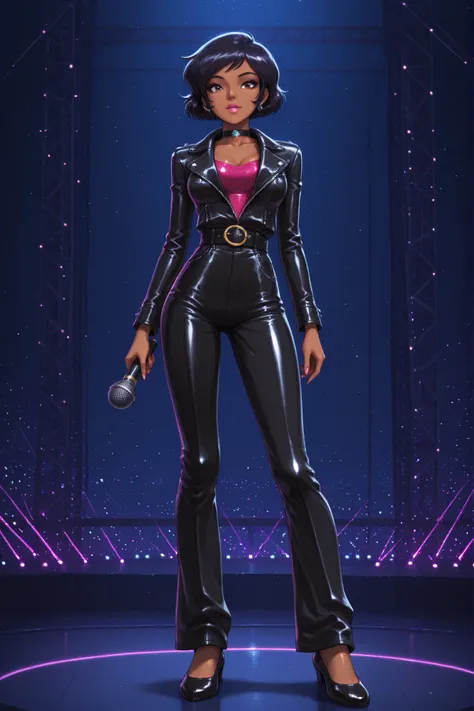 masterpiece, best quality, good quality, cartoon, totally_spies_2k24 alex, black hair, short hair, brown eyes, dark-skinned female, pink lips, medium breasts, choker. |   medium full shot) of (edgy pop singer) woman , wearing a leather jacket , wide-leg tr...