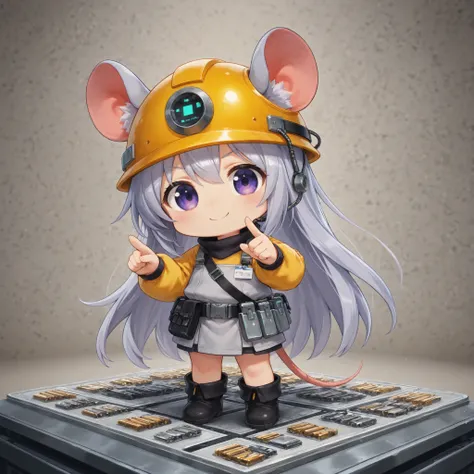 chibi,Highest Quality, ultra high definition, Anime style expression, 2.5-headed Mouse Girl, 1 person, gray long hair, purple eyes, Concealed Hair, Adorable Smile, anatomically correct finger placement, yellow helmet, Blue Tsunagi , tool belt, black boots,...