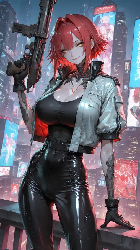 Cyberpunk City,Solo,A female,Shiny skin,Slim body(Black Short Jacket)(Short Sleeves),Black Tank Top,Black gloves,Black Tight trousers,(take a gun),Shiny skin,(Red Short hair,intakes hair),(Yellow eyes),Slim body,Huge Oppai,Big Hip,Seductive smile,(In Front...