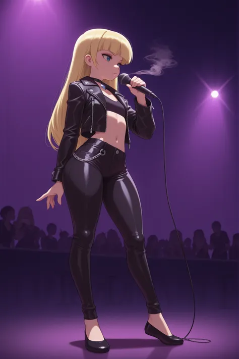 Pacifica Northwest, flat breasts, flat chest, skinny, huge hips, long hair, blonde hair, choker , | medium full shot) of (edgy pop singer) woman , wearing a leather jacket , wide-leg trousers with sleek design , ballet flats , smoky eye shadow , holding ...