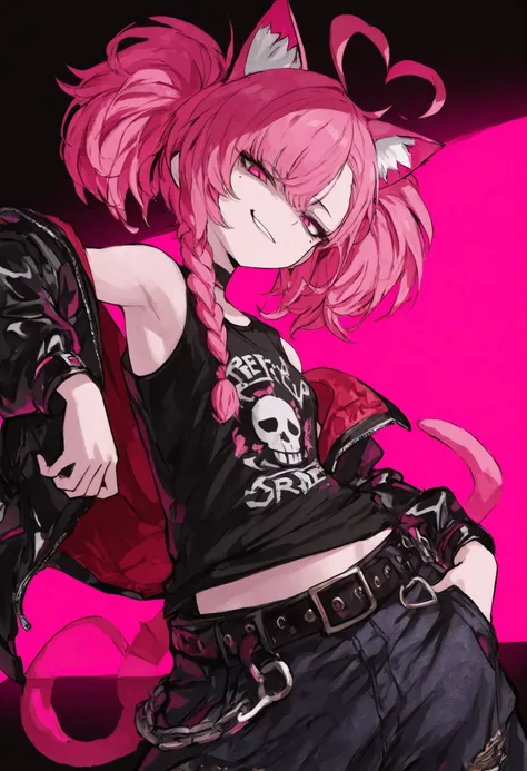 master masterpiece, 4k, score_9 , score_8_up , score_8 , score_7_up score_6_up score_5_up score_4_up, 1girl, solo, vivid color, neon, dynamic angle, simple background, young girl, neon pink color, cat ears, cat tail, thick tail, pink hair, single braid , a...