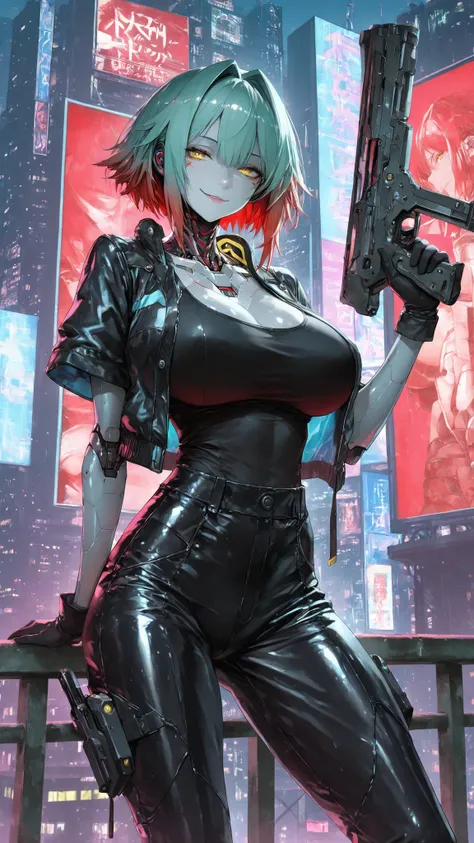 Cyberpunk City,Solo,A female(Robot body),Shiny skin,Slim body(Black Short Jacket)(Short Sleeves),Black Tank Top,Black gloves,Black Tight trousers,(take a gun),Shiny skin,(Red Short hair,intakes hair),(Yellow eyes),Slim body,Huge Oppai,Big Hip,Seductive smi...
