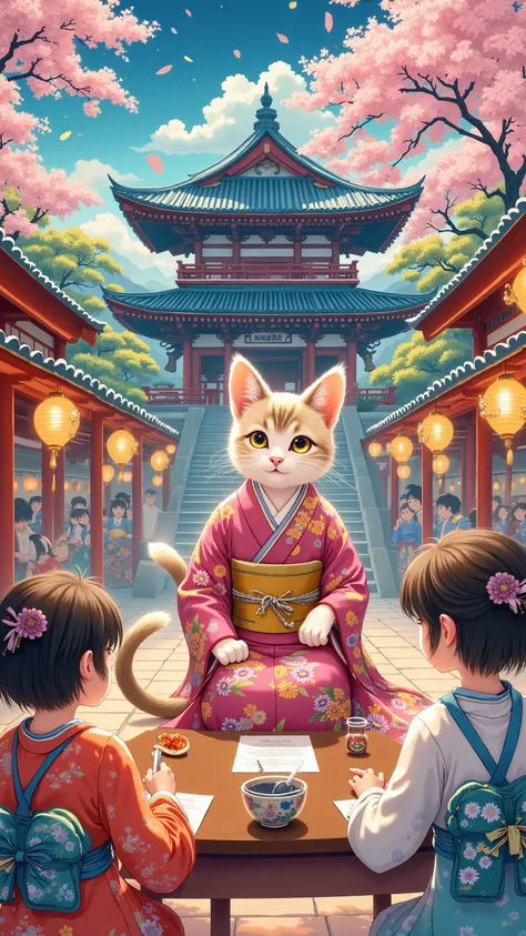 highdefinition image、Terakoya at the temple、お祭りの中でteaching the kids、Torajima's cute cat teacher、
