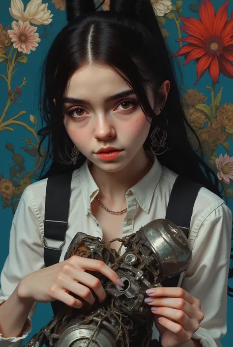 In a cinematic and hyper-realistic scene, fisheye lens shot, High quality, girl fixing a broken robot,