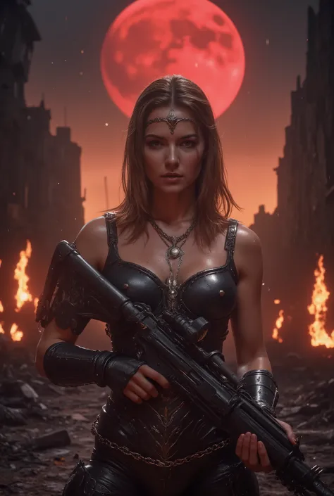 woman,RS,,hyper realistic full-plane image. Visualize an impressive masterpiece with meticulous details, dramatic contrast and an impressive 8K. In the center is a formidable full-bodied warrior princess., ready for an imposing battle position. Chains hang...