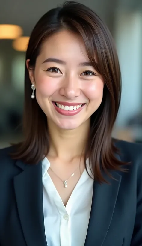 Neat Young Woman、and look at the camera、office lady suit、jacket、shirt、ネックレス、、ear piercing、、smile showing teeth、顔のクローズアップ、背景はオフィス
