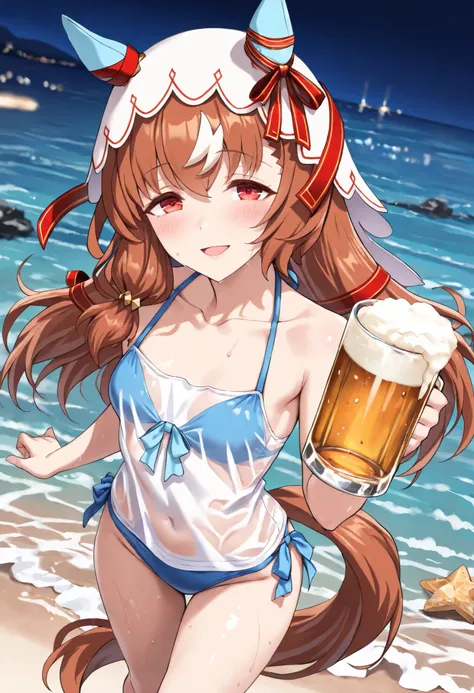 (masterpiece, best quality, perfect face:1.4), wide angle, Still in Love \(umamusume\), brown hair, red eyes, long hair, streaked hair, horse ears, ear cover, ear ornament, veil, red hair ribbon, small breasts, horse tail, tail on the lower back, proportio...