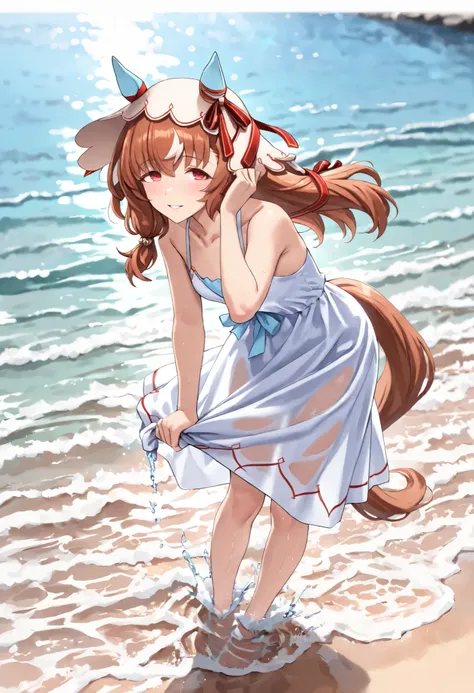 (masterpiece, best quality, perfect face:1.4), wide angle, Still in Love \(umamusume\), brown hair, red eyes, long hair, streaked hair, horse ears, ear cover, ear ornament, veil, red hair ribbon, small breasts, horse tail, tail on the lower back, proportio...