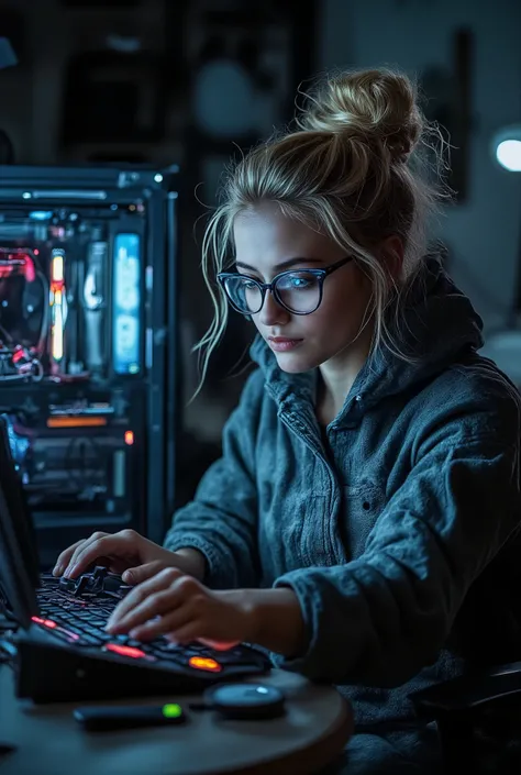 Best quality, masterpiece, ultra high res, raw photo, 1girl, in bedroom , light shadow, morning, blonde-long hair girl with blue eyes, stunning beauty, working on the desk, focused on building a PC case, morning wear, hair tied on a messy bun, wearing glas...