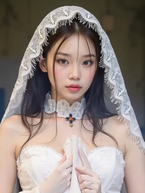 Kim Chaewon, angelic face, neckline, Big breasts, pale skin, white veil, Get your hands out of the way