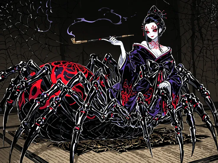  Japanese woman, a drider, spider hybrid. (((Arachne,Taur,Spider Body.))Her lower body is black widow spider:spider body, eight segmented articulated spider legs covered with red markings.) She has a white skin. She has red lipstick. she smiles slyly. She ...
