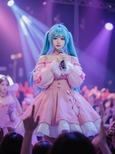 with high quality 4K resolution, Precise like a photo shoot, professional-level realistic illustrations, Hatsune Miku is singing on stage, Strong expression, dynamic performance, glamorous concert atmosphere, audience waves enthusiastically, Beautiful Ligh...