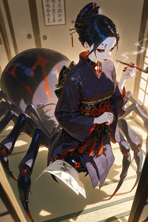  Japanese woman, a drider, spider hybrid. (((Arachne,Taur,Spider Body.))Her lower body is black widow spider:spider body, eight segmented articulated spider legs covered with red markings.) She has a white skin. She has red lipstick. she smiles slyly. She ...