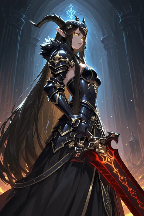 lazypos, 1girl, solo, looking at viewer, wideshot, from the side, standing, detailed eyes, looking at viewer, shadow, ligh particles, full lips, thick lips, Inspiring,
Semiramis, very long hair, black hair, yellow eyes, pointy ears, glowing eyes, medium br...