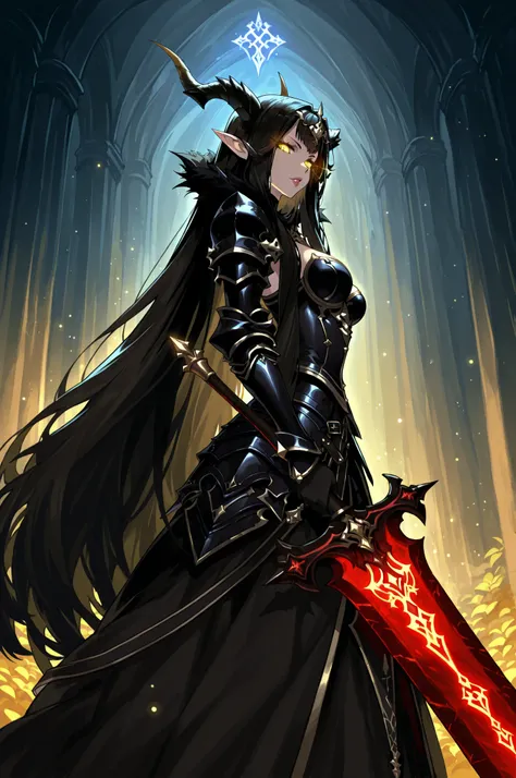 lazypos, 1girl, solo, looking at viewer, wideshot, from the side, standing, detailed eyes, looking at viewer, shadow, ligh particles, full lips, thick lips, Inspiring,
Semiramis, very long hair, black hair, yellow eyes, pointy ears, glowing eyes, medium br...