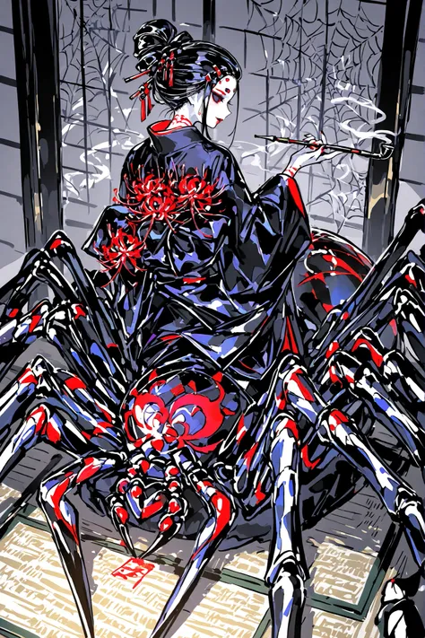  Japanese woman, a drider, spider hybrid. (((Arachne,Taur,Spider Body.))Her lower body is black widow spider:spider body, eight segmented articulated spider legs covered with red markings.) She has a white skin. She has red lipstick. she smiles slyly. She ...
