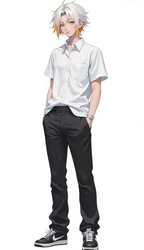 masterpiece, best quality, ultra-detailed, illustration,
1boy, solo, full body, standing,
a 19-year-old handsome young man, tall build, cool and mature atmosphere,
asymmetrical messy white hair with orange streaks, blue eyes,
looking at viewer, natural coo...