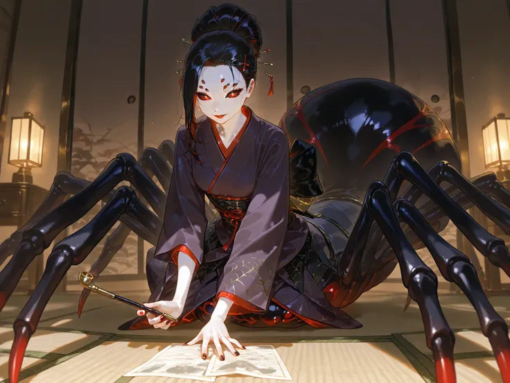  Japanese woman, a drider, spider hybrid. (((Arachne,Taur,Spider Body.))Her lower body is black widow spider:spider body, eight segmented articulated spider legs covered with red markings.) She has a white skin. She has red lipstick. she smiles slyly. She ...