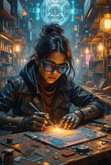 Main Prompt:
Epic dynamic portrait of a brilliant young Electronics-Fixing Girl, a technomage savant. She is caught in a moment of pure genius, suspended mid-air in a zero-gravity chamber of her own workshop. Her expression is one of intense, joyful focus....