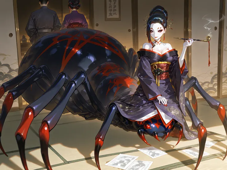  Japanese woman, a drider, spider hybrid. (((Arachne,Taur,Spider Body.))Her lower body is black widow spider:spider body, eight segmented articulated spider legs covered with red markings.) She has a white skin. She has red lipstick. she smiles slyly. She ...