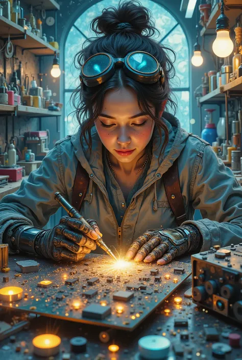 Main Prompt: Epic dynamic portrait of a brilliant young Electronics-Fixing Girl, a technomage savant. She is caught in a moment of pure genius, suspended mid-air in a zero-gravity chamber of her own workshop. Her expression is one of intense, joyful focus....