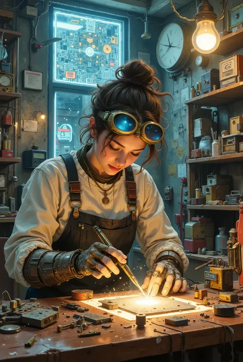 Main Prompt: Epic dynamic portrait of a brilliant young Electronics-Fixing Girl, a technomage savant. She is caught in a moment of pure genius, suspended mid-air in a zero-gravity chamber of her own workshop. Her expression is one of intense, joyful focus....