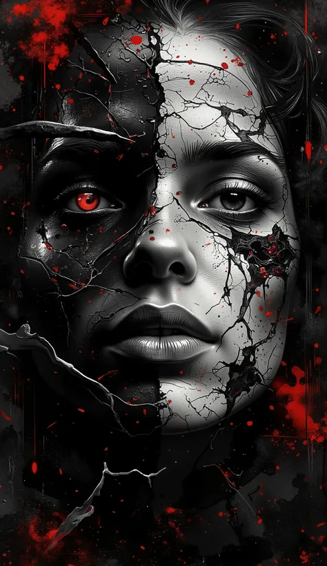 neurocolors digital drawing violent aesthetics woman porkgeopjrogherge The background should feature dark tones to contrast against the bright black color This design symbolizes self-doubt very well. It could have been that the AI was broken or ripped apar...