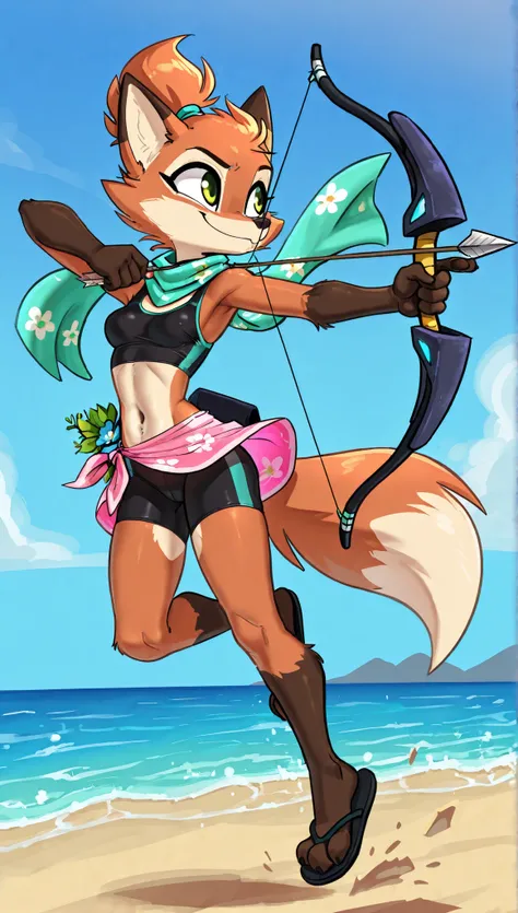 score_9, score_8_up, score_7_up, 1girl, source furry, absurdres, masterpiece, best quality, amazing quality, siroc, solo, dynamic angle, fleetfox, furry, fox, orange fur, green eyes, female, short hair, spiky pointed bangs tuft, fleetSummer, ((black tankin...