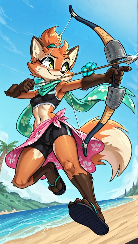 score_9, score_8_up, score_7_up, 1girl, source furry, absurdres, masterpiece, best quality, amazing quality, siroc, solo, dynamic angle, fleetfox, furry, fox, orange fur, green eyes, female, short hair, spiky pointed bangs tuft, fleetSummer, ((black tankin...