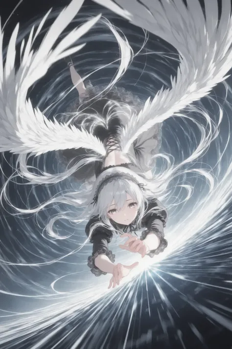 1girl, gothic attire unraveling, angel wings shredded into ribbons of light, silver hair twisting into spirals, body stretched and distorted, face blurred into streaks, BREAK, infinite vortex of clouds and light, spiral horizon, gravitational distortion be...