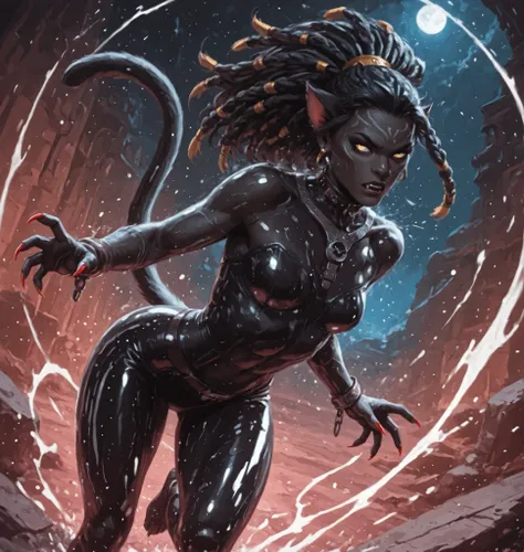 An Inca woman with long, black Rasta braids with white ends, her eyes glow red . She looks like Catra from She-Ra. Sie hat ein cute, round and young face. Sie sieht aus wie Wednesday Adams. Cheeky panther ears rest on her head, while a slender panther tai...