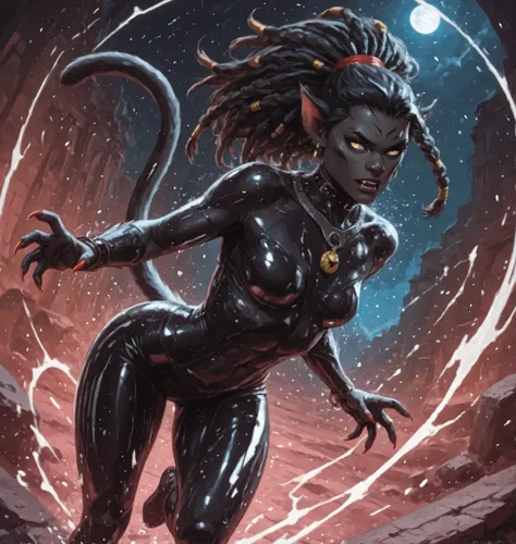 An Inca woman with long, black Rasta braids with white ends, her eyes glow red . She looks like Catra from She-Ra. Sie hat ein cute, round and young face. Sie sieht aus wie Wednesday Adams. Cheeky panther ears rest on her head, while a slender panther tai...