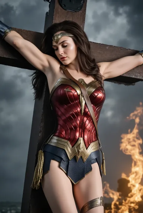 rain,Heavy rain,豪rain,In the midst of a storm,Full body soaked,my hair is soaked,dripping water,((crucifixion)),(cross),(execution),((incontinence)),Bruises on the face,facial scars,close ~ eye,sleeping face,syncope,((Woman in crucifixion at the cross:1.5)...