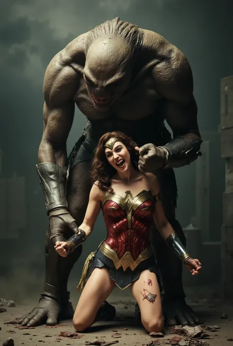 huge Creepy monster is attacking Wonder woman, grabbing her head tightly, he torn of her clothes, Wonder woman is screaming in pain, she looks up and scream in pain, injury, tattered, exhaust,