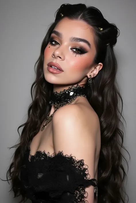 A beautiful gothic vampire woman in a 3/4 side profile pose, head turned slightly towards the viewer, showing her bare shoulder. She has long messy black hair styled with loose strands and golden hairpins, glowing amber eyes with dramatic artistic eyeliner...
