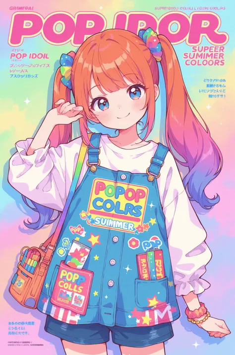 Super Quality, Gravure Style, pop idol style, twin tails, Adorable Smile, casual brand clothes, accessories, using pop colors, colorful background, magazine design, summer cover style