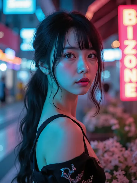 Vietnamese-Russian hybrid girl, electric beauty Surreal photo, turquoise skin, long dark hair slightly tangled natural, delicate light cheeks, Bright light blue big eyes with depth, soft pink lips, gods are both gentle and alluring, color look sharp but wa...