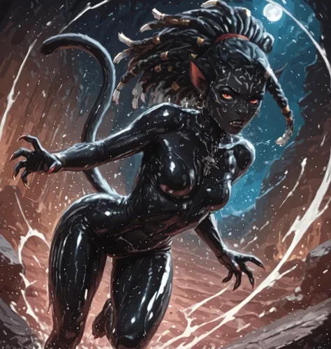 An Inca woman with long, black Rasta braids with white ends, her eyes glow red . She looks like Catra from She-Ra. Sie hat ein cute, round and young face. Sie sieht aus wie Wednesday Adams. Cheeky panther ears rest on her head, while a slender panther tai...