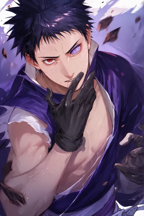 1boy, torn clothes, bare chest, Uchiha Obito \(Ninkaitaisen\),ninkaitaisen,black robe,black gloves,looking at viewer,upper body,black hair,rinnegan,red eye,purple eye,sharingan,heterochromia,short hair,scar, i wat a girl with him has a Black hair and blue ...