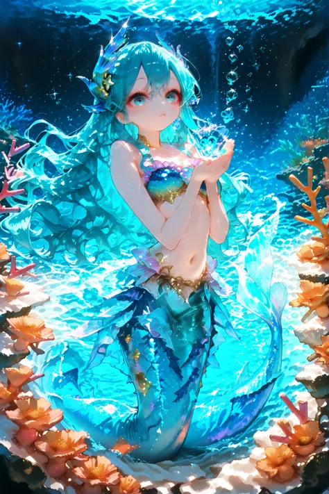 best quality, super high resolution, perfect detail, One Beautiful Mermaid Girl, long wavy hair, Sparkling Scales, Pearly skin, graceful appearance, Deep sea, Coral Reef Garden, Soft Waves, Mysterious Blue Light, Sparkling Bubbles, dreamy atmosphere, Beaut...