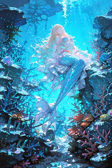 best quality, super high resolution, perfect detail, One Beautiful Mermaid Girl, long wavy hair, Sparkling Scales, Pearly skin, graceful appearance, Deep sea, Coral Reef Garden, Soft Waves, Mysterious Blue Light, Sparkling Bubbles, dreamy atmosphere, Beaut...