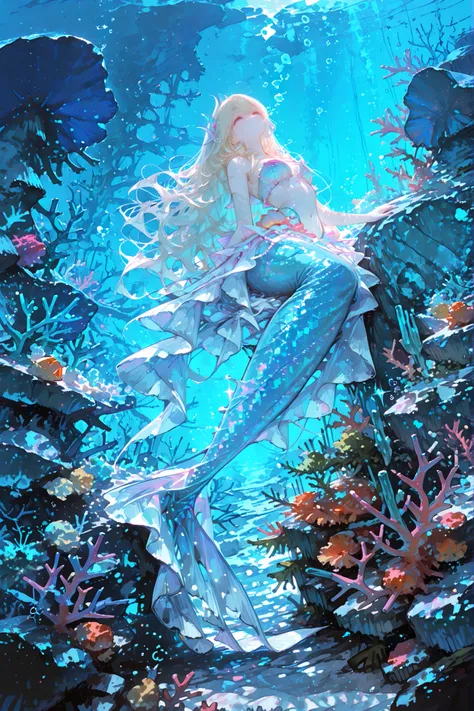 best quality, super high resolution, perfect detail, One Beautiful Mermaid Girl, long wavy hair, Sparkling Scales, Pearly skin, graceful appearance, Deep sea, Coral Reef Garden, Soft Waves, Mysterious Blue Light, Sparkling Bubbles, dreamy atmosphere, Beaut...