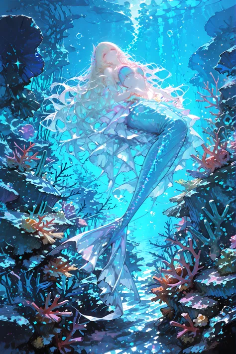 best quality, super high resolution, perfect detail, One Beautiful Mermaid Girl, long wavy hair, Sparkling Scales, Pearly skin, graceful appearance, Deep sea, Coral Reef Garden, Soft Waves, Mysterious Blue Light, Sparkling Bubbles, dreamy atmosphere, Beaut...