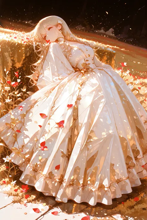 Best Quality, masterpiece, 8K resolution , Elegant woman, Abundant white dress, long wavy hair, Golden Sunset, An endless field of gold, Scattered Petals, Soft Natural Light, Warm colors , Blowing Dress Hem, Flowering Meadows, Romantic Atmosphere, landsc...