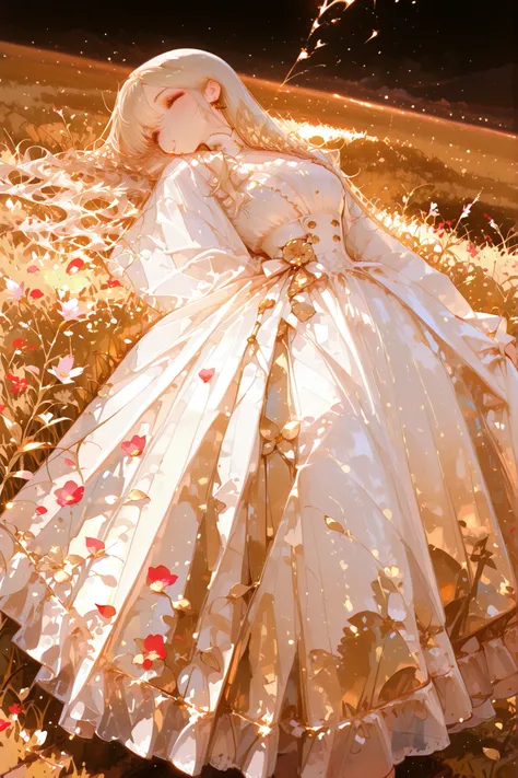 Best Quality, masterpiece, 8K resolution , Elegant woman, Abundant white dress, long wavy hair, Golden Sunset, An endless field of gold, Scattered Petals, Soft Natural Light, Warm colors , Blowing Dress Hem, Flowering Meadows, Romantic Atmosphere, landsc...