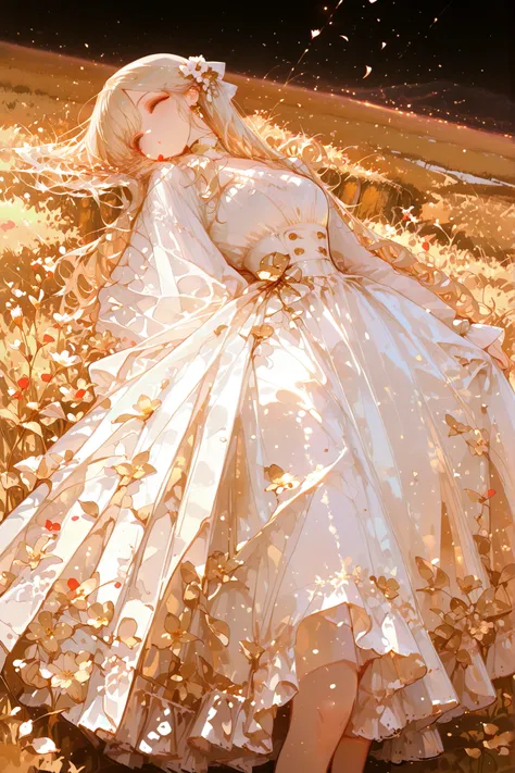 Best Quality, masterpiece, 8K resolution , Elegant woman, Abundant white dress, long wavy hair, Golden Sunset, An endless field of gold, Scattered Petals, Soft Natural Light, Warm colors , Blowing Dress Hem, Flowering Meadows, Romantic Atmosphere, landsc...