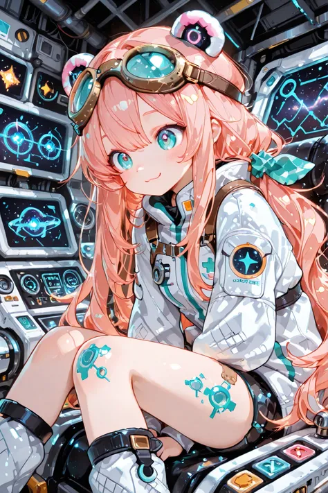 1 Girl,Solo,goggles,Long hair,wave,random shape, masterpiece, Playful Cute Face,repair,machine,Indoor space ,sit